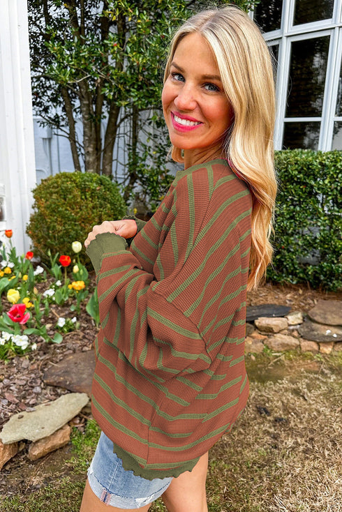 Stripe Trimmed Round Neck Drop Shoulder Loose Sweater